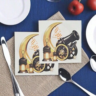 20pcs Gold Moon Pattern Napkins, 6.5"X6.5" Cannon Theme Suitable For Eid Celebration Party Decorations, Table Decor, Holiday Decoration Napkin Party Supplies