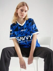 Áo thun thể thao tay ngắn in hình chữ và họa tiết hình học, in logo tùy chỉnh, thích hợp cho mùa hè. - Màu xanh lam - Xem 5