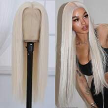 Platinum Blonde Synthetic Lace Front Wig Pre Plucked Ready To Wear 13x4 HD Glueless Straight Lace Front Wig For Women Natural Looking Synthetic Heat Resistant Fiber Platinum Blonde Wig 26inch - 白金金髮女郎 - 查看 1