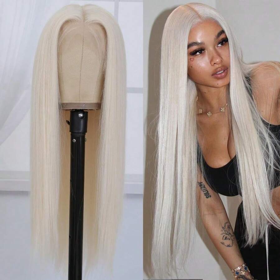 Platinum Blonde Synthetic Lace Front Wig Pre Plucked Ready To Wear 13x4 HD Glueless Straight Lace Front Wig For Women Natural Looking Synthetic Heat Resistant Fiber Platinum Blonde Wig 26inch - 白金金髮女郎 - 查看 1