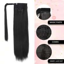 Ponytail Human Hair Wrap Around Clip In Hair Piece Ponytail Extension Human Hair Straight Human Hair Ponytail Extensions With Magic Paste Natural Black - Natural Black - View 3