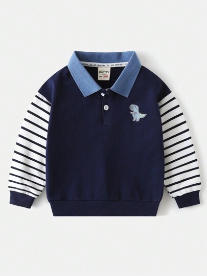Young Boy Dinosaur Decor Patchwork Sleeve Turndown Collar Sweatshirt, Spring