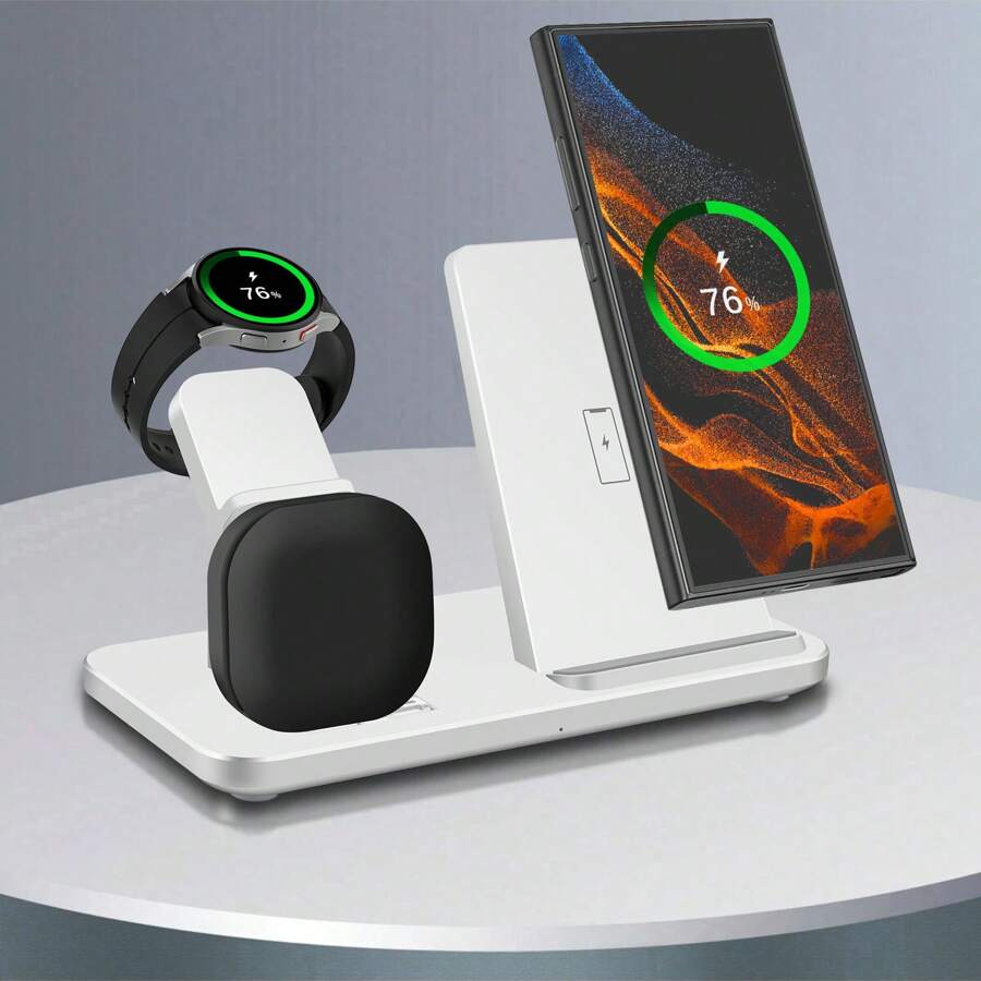 15W 3 In 1 Wireless Charger Fast Charging Dock Station Compatible With Samsung Galaxy Watch 7/6/5Pro/4/3/ S24 Ultra S26 S25 S24 S23 S22 S21 S20 S10 Note 20 10 Galxy Buds - White - View 1