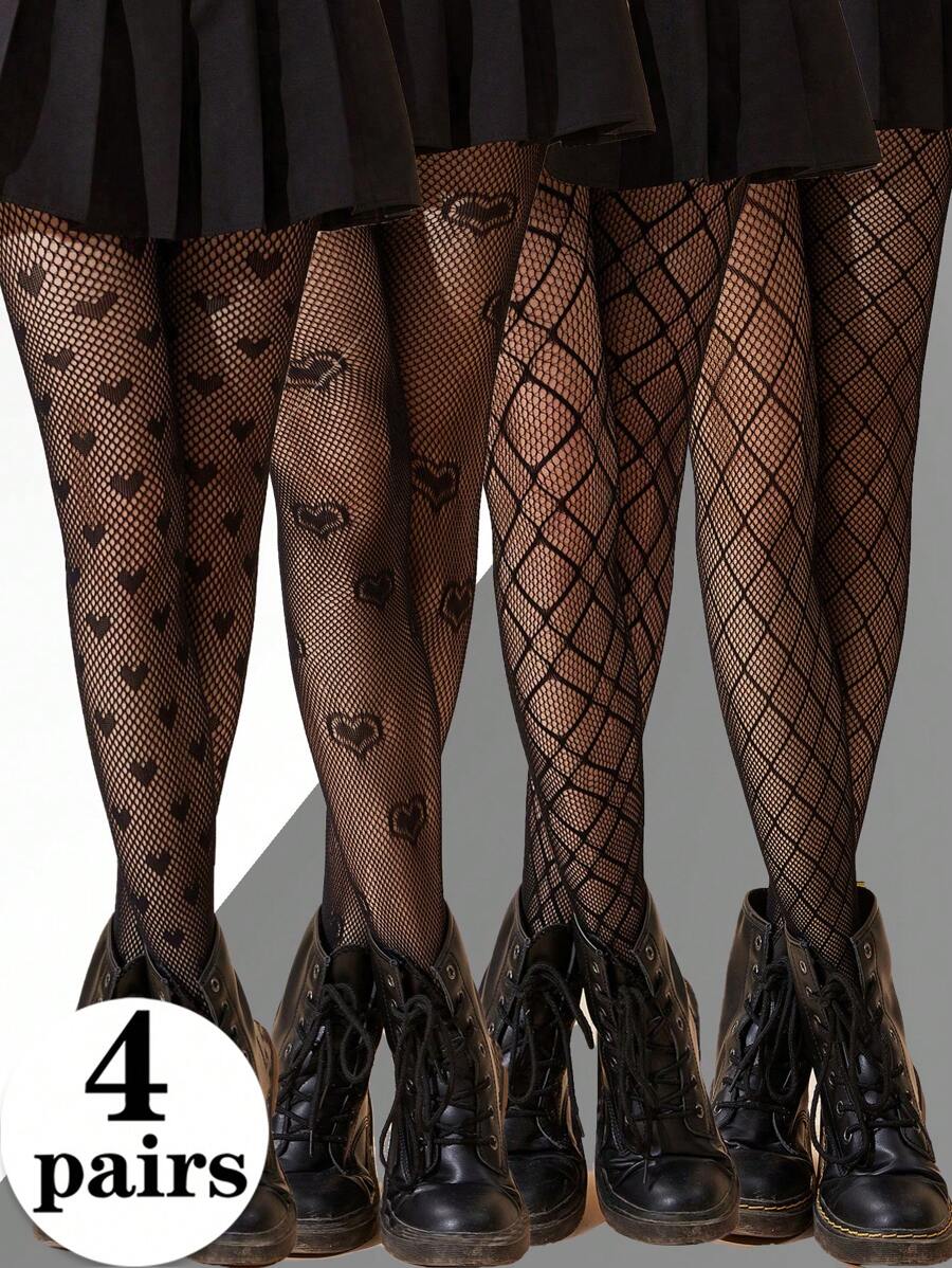 4 Pairs Of Women's Fishnet Stockings With Hearts And Plaid Patterns