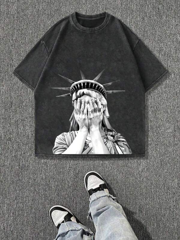 Plus Size Men's Casual Liberty Statue & Y2K Dark Print Round Neck Washed T-Shirt, Short Sleeve For Everyday Wear, Spring/Summer
