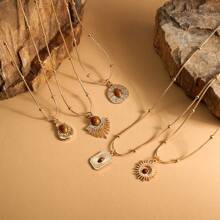 1 peça Vintage Oval Tiger Eye Stone & Geometric Pendant Necklace, Joia Bonita e Chique para Mulheres, Adequado para Festa, Presente de Dia dos Namorados para Namorada - Ouro amarelo - Ver 2