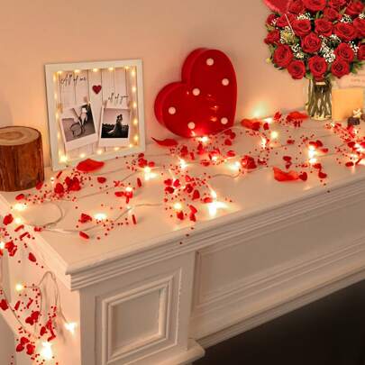 1 cuerda de 1,5 m/4,92 pies con 10 luces LED decorativas románticas para el Día de San Valentín, luces de hadas con perlas y corazones rojos, adecuadas para chimenea, árbol de Navidad, hogar, dormitorio, pared, escaleras, puerta, vacaciones - Alimentadas por batería (baterías no incluidas)