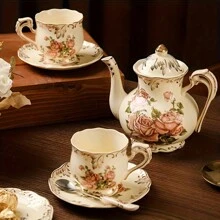 2set/6set Tea Cup And Saucer Set, 8 Oz Tea Cup Set, Teacup, Ceramic Tea Cup With Suacer Spoon, Ivory Vintage Rose Floral With Gold Leaves Trim, Gifts For Women Back To School