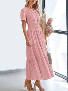 Womens Summer Maxi Dresses Short Sleeve High Waist Tiered Flowy A-Line Boho Bohemian Beach Long Dress Holiday Vacation Beach Valentine Long Dress Outfit - 豆沙粉 - 查看 4