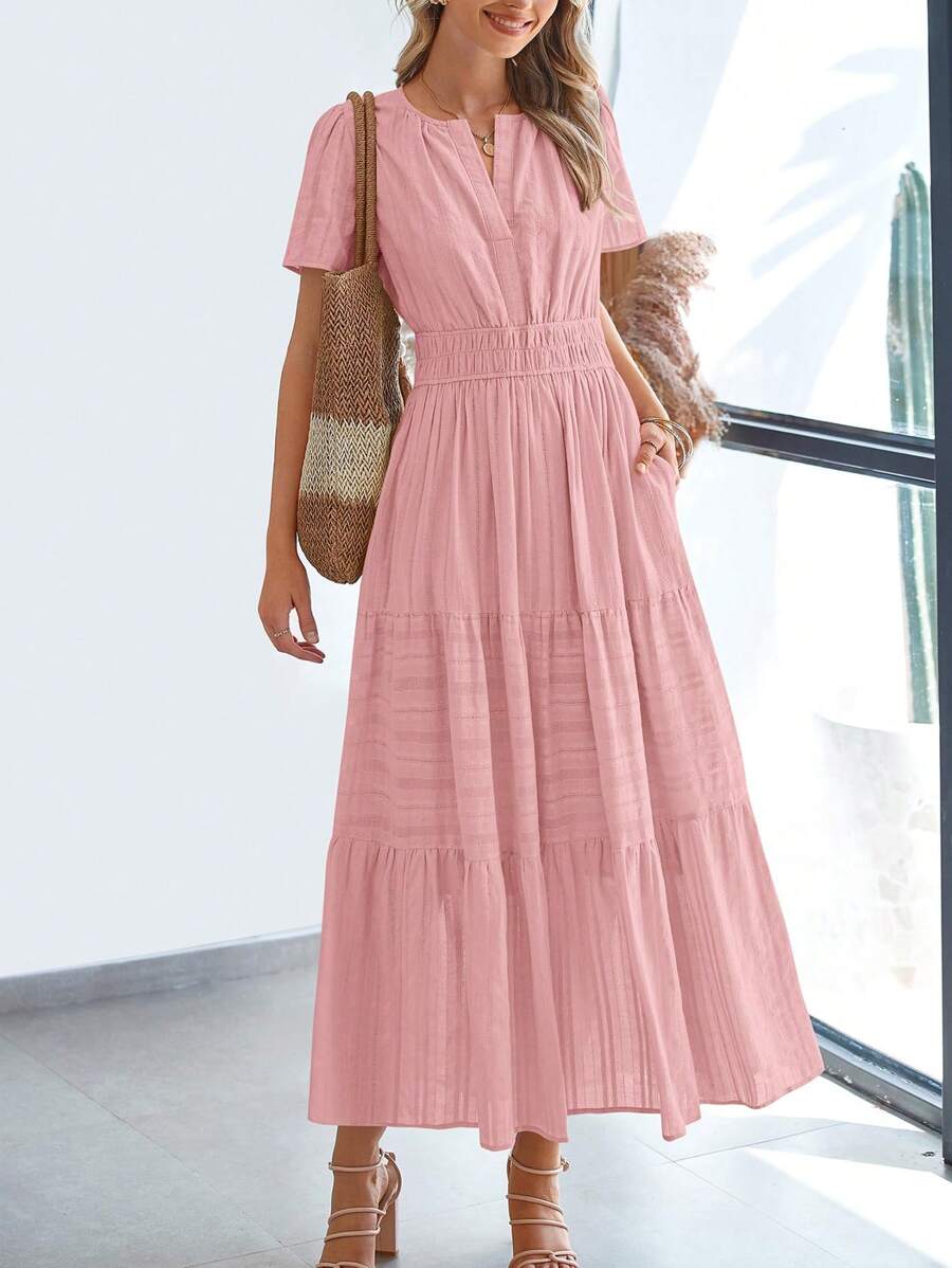 Womens Summer Maxi Dresses Short Sleeve High Waist Tiered Flowy A-Line Boho Bohemian Beach Long Dress Holiday Vacation Beach Valentine Long Dress Outfit - 豆沙粉 - 查看 1