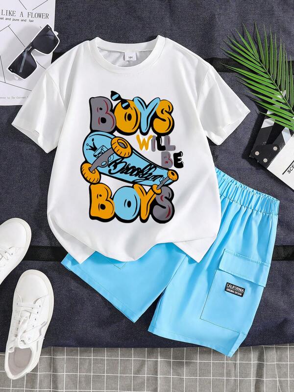 2 peças Conjunto de Camiseta de Manga Curta com Estampa de Letra e Shorts Cargo de Cor Sólida para Menino Pré-Adolescente