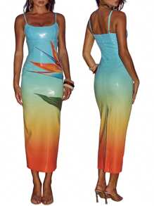 Women's Summer Long Dress U Neck Sleeveless Spaghetti Strap Leaves Pattern Slit Hem Contrasting Color Sequins Slim Dress - Màu xanh lam - Xem 2