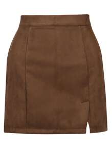 Women Classic High Waist Bodycon Suede A Line Mini Pencil Skirt Split Hem Back Zipper Mini Skirts - màu nâu - Xem 4