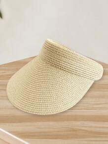 1 pieza Visera de sol de paja de moda para mujer Sombrero de ala ancha enrollable y plegable para playa de verano