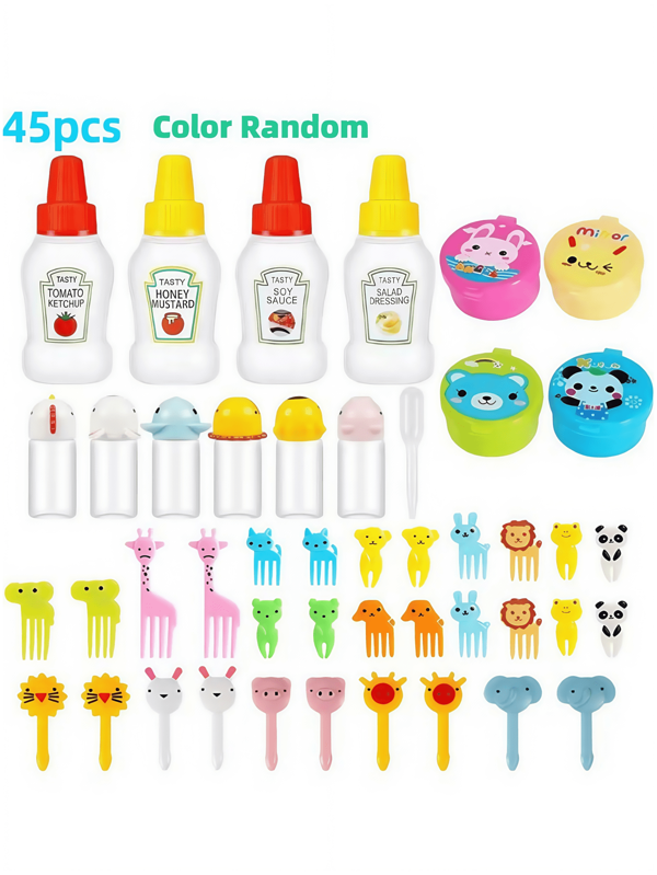 38pc/45pcs/Set, Cutlery Set, Including Food Bars, Mini Flavorings, Dessert Forks, Silicone Cake Cups, Food Cones, Ketchup Squeeze Bottles, Mini Funnel Sauce Containers, Cute Cartoon Cutlery Sets, Kitchen Supplies Back To School