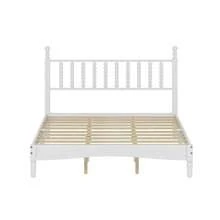 Juego de dormitorio de 4 piezas estilo retro, cama tamaño queen con plataforma y cabecero en forma de calabaza, mesita de noche con espacio de almacenamiento y banco con patas torneadas, color blanco