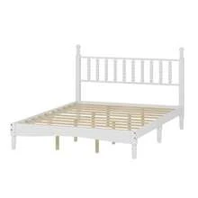 Juego de dormitorio de 4 piezas estilo retro, cama tamaño queen con plataforma y cabecero en forma de calabaza, mesita de noche con espacio de almacenamiento y banco con patas torneadas, color blanco