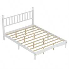 Juego de dormitorio de 4 piezas estilo retro, cama tamaño queen con plataforma y cabecero en forma de calabaza, mesita de noche con espacio de almacenamiento y banco con patas torneadas, color blanco