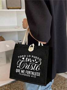 Christian Themed Small Tote Bag , Letter Pattern, Reusable Printed Women's Tote Bag, Double Handle Shopping School Bag, Large Capacity Shoulder Bag, Casual Tote Bag,Christmas Storage Bag, Suitable For Commuting, School And Shopping, Convenient For Outdoor Use, Gift For Friends And Besties, Teacher Gift,Easter Bonus , Perfect Choice For Vacation And Festival - Black - View 2