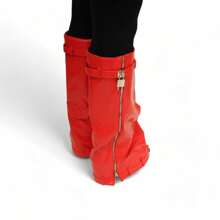 Botas de plataforma con cierre de candado de dobladillo de tela vaquera, pantalones inteligentes - Rojo - Ver 5