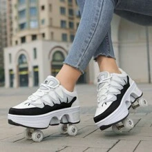 Teenager's Skate Shoes Roller Wheels 4-Wheel Skating Shoes, 2025 New Spring Style, Sport Sneakers With Wheels For Men And Women, Students' Roller Skating Shoes - Black and White - View 4