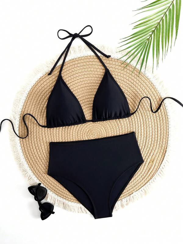 Solid Color Adjustable Strap Triangle Cup Sexy High-Waist Bikini Set, For Summer Beach Vacation