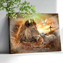 1 Piece Christian Lion And Lamb Canvas Wall Painting With "Peace Before Him" ​​Canvas Wall Decor, Is A Great Gift For Christian Families, Perfect For Your Home, Farmhouse, Prayer Room, Kids Room, Apartment, Bedroom, Office, Kitchen, Hotel, Bathroom, Etc. Home Wall Decor, Framed And Ready To Hang.