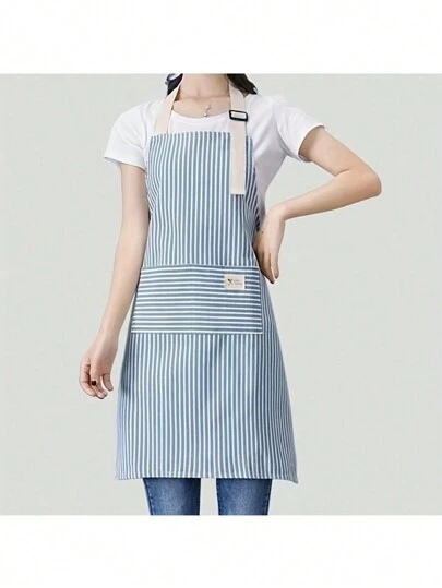 1 件可调节彩色条纹围裙，男女皆宜，简约风格烹饪围裙，带口袋，适用于厨师、服务员、厨房烹饪围裙、烧烤、发型师、厨房工具，可机洗（绿色细条纹）圣诞节节日礼物