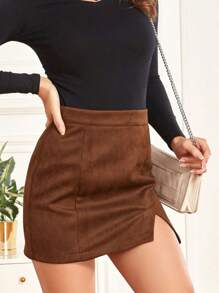 Women Classic High Waist Bodycon Suede A Line Mini Pencil Skirt Split Hem Back Zipper Mini Skirts - màu nâu - Xem 2