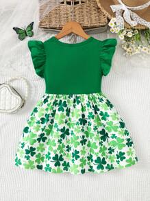 1pc Young Girl Casual St. Patrick's Day Clover Print Soft Comfortable Knitted Fabric Cap Sleeve Dress, Spring/Summer - Green - View 2