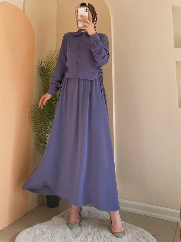 Conjunto de camisa cardigan casual feminino da moda com capa de vestido, modesto