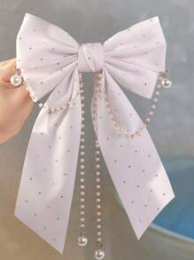 1pc Girls' Fashion Rhinestone Bow Pearl Pendant Decor Spring Clip (Random Pearl Quantity) - White - View 2