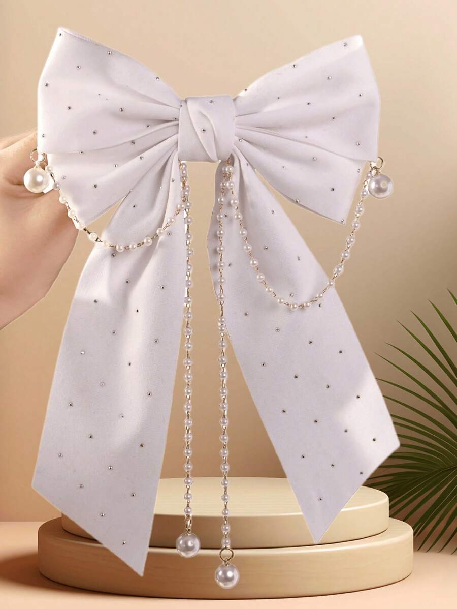 1pc Girls' Fashion Rhinestone Bow Pearl Pendant Decor Spring Clip (Random Pearl Quantity) - White - View 1
