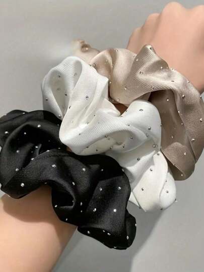 3 piezas Scrunchies de pelo de mujer de tela de satén con rhinestones, elegantes y delicados, con alta elasticidad y sin daños, accesorios decorativos para el cabello, adecuados para moños, uso diario
