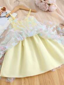 1pc Young Girl Glamorous Cute Dreamlike Butterfly Decor Rainbow Color Slip Party Dress, Summer - Yellow - View 8