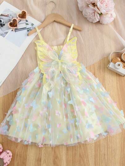 1 pieza Vestido de fiesta de verano con diseño de mariposa soñador, atractivo y lindo, de colores arcoíris, para niña joven