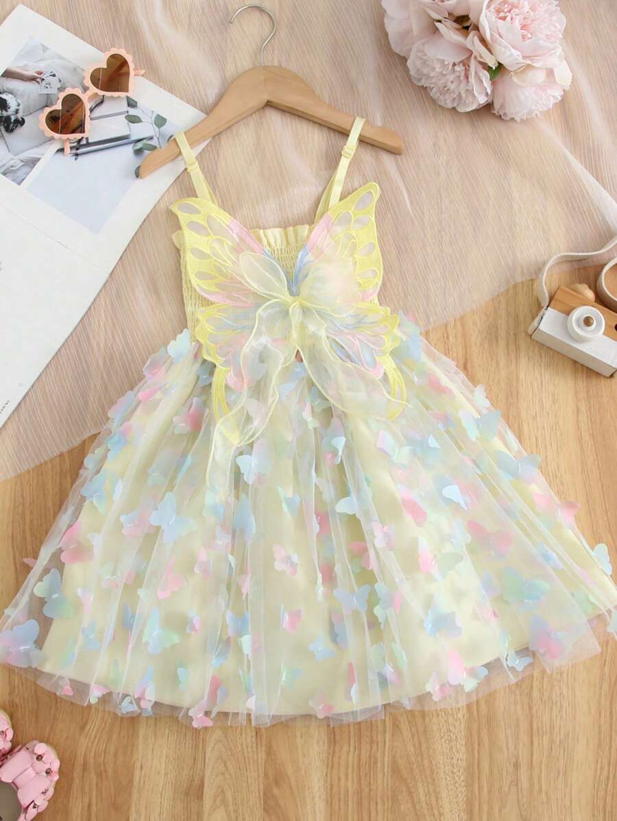 1pc Young Girl Glamorous Cute Dreamlike Butterfly Decor Rainbow Color Slip Party Dress, Summer - Yellow - View 1