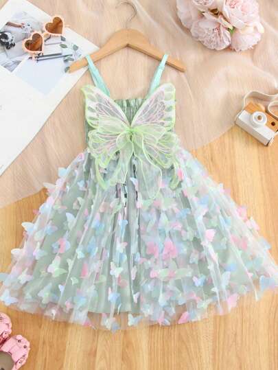 1pc Young Girl Gorgeous Cute Fantasy Princess 3D Butterfly Decor Rainbow Color Spaghetti Strap Party Birthday Dress, Summer