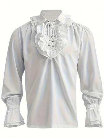 Men's Solid Color Vintage Style Tie Up Long Sleeve Ruffle Hem Shirt