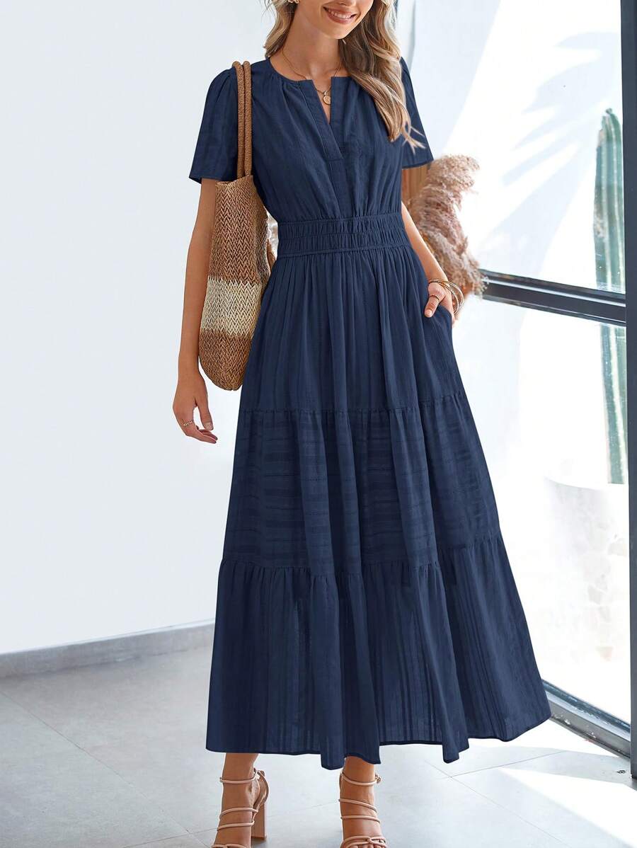 Womens Summer Maxi Dresses Short Sleeve High Waist Tiered Flowy A-Line Boho Bohemian Beach Long Dress Holiday Vacation Beach Valentine Long Dress Outfit - 藏蓝色 - 查看 1