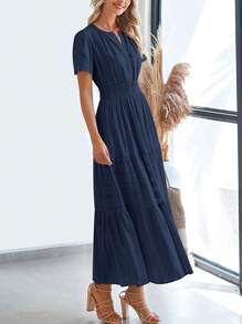 Womens Summer Maxi Dresses Short Sleeve High Waist Tiered Flowy A-Line Boho Bohemian Beach Long Dress Holiday Vacation Beach Valentine Long Dress Outfit - 藏蓝色 - 查看 4