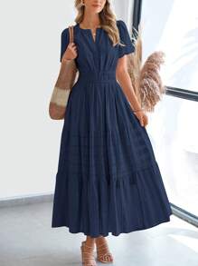 Womens Summer Maxi Dresses Short Sleeve High Waist Tiered Flowy A-Line Boho Bohemian Beach Long Dress Holiday Vacation Beach Valentine Long Dress Outfit - 藏蓝色 - 查看 3