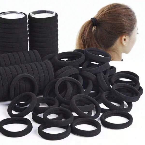 Set de 20/50/80/100 piezas de coleteros elásticos de color negro, bandas de goma sencillas y sin costuras para coleta, cintas de pelo de unicolor elásticas y cómodas, esencial para el hogar, viajes y vuelta al cole