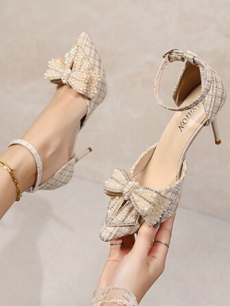 صنادل ذات كعب عالي مرصعة بالراين ذات أصبع مدبب مع فيونكة وحزام شفاف، أنيقة بطراز فرنسي، موديل جديد ربيع/صيف 2024، أنيقة، أحذية نسائية، أنيقة، ملابس حفلات