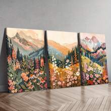 3pcs Wooden Framed Wall Art Set - Modern Mountain Landscape & Wildflower Prints, Classic Decor For Home And Office, Portrait Orientation