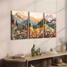 3pcs Wooden Framed Wall Art Set - Modern Mountain Landscape & Wildflower Prints, Classic Decor For Home And Office, Portrait Orientation