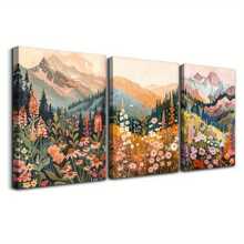 3pcs Wooden Framed Wall Art Set - Modern Mountain Landscape & Wildflower Prints, Classic Decor For Home And Office, Portrait Orientation
