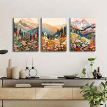 3pcs Wooden Framed Wall Art Set - Modern Mountain Landscape & Wildflower Prints, Classic Decor For Home And Office, Portrait Orientation