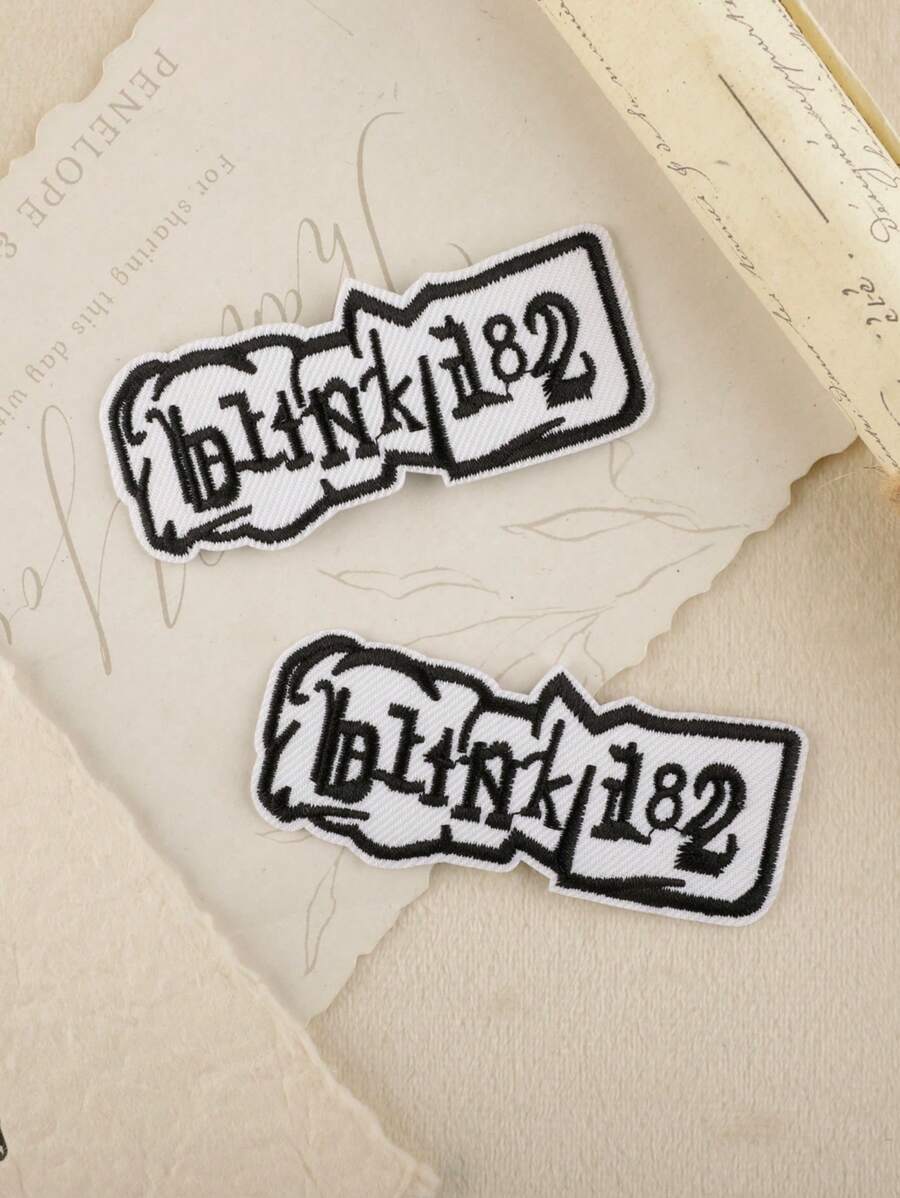 2pcs/Set Black & White Band Logo Pattern DIY Embroidered Cloth Patches, Fashion Minimalist & Fun Style, Polyester Iron-On/Sew-On Appliques For Clothes, Bags, Shoes, Hats, Home Decor - Multicolor - View 1