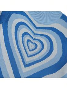 Women Love Heart Print Sweater, Long Sleeve O-neck Knitted Pullover for Winter, Autumn - Azul - Ver 5